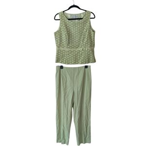 Vintage Y2K Dressbarn Light Green Eyelet Linen Blend Two‎ Piece Set Size 12